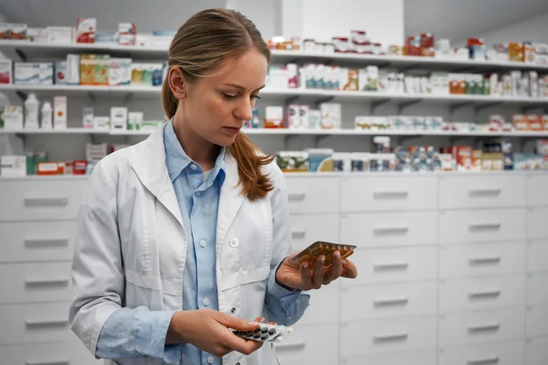 A pharmacist in a white lab coat looking at pills.