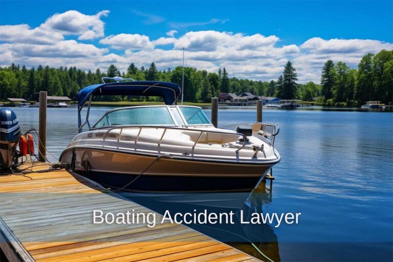 A boat securely docked at a lakeside, symbolizing safety and the importance of legal support in boating accidents.