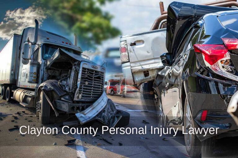 Severe multi-vehicle accident involving a semi-truck highlights the need for a Clayton County personal injury lawyer. Debris is scattered across the road under a blue sky with clouds.