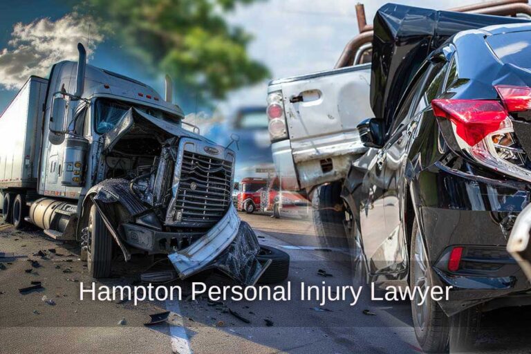 Severe multi-vehicle accident involving a semi-truck highlights the need for a Hampton personal injury lawyer. Debris is scattered across the road under a blue sky with clouds.