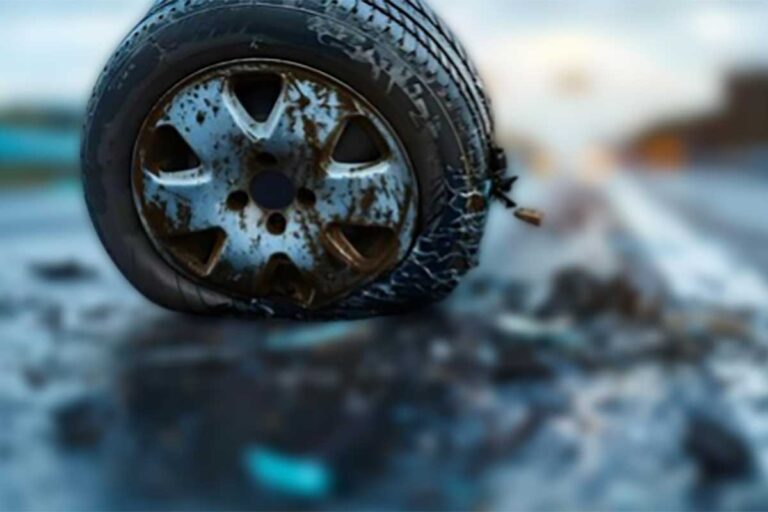 A tire rests on the roadside, highlighting the dangers of vehicle defects like blowouts and brake failures.