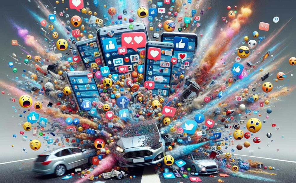 A car surrounded by various devices, illustrating the influence of social media on auto accident injury claims.