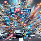 A car surrounded by various devices, illustrating the influence of social media on auto accident injury claims.