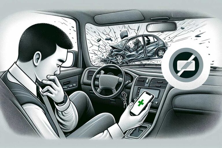 A man sits in the driver's seat, using his cell phone, illustrating the influence of social media on auto accident injury claims.