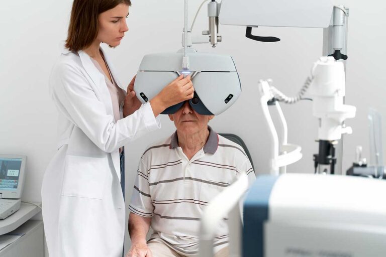 A woman conducts an eye exam on an elderly man during an ophthalmology check-up.