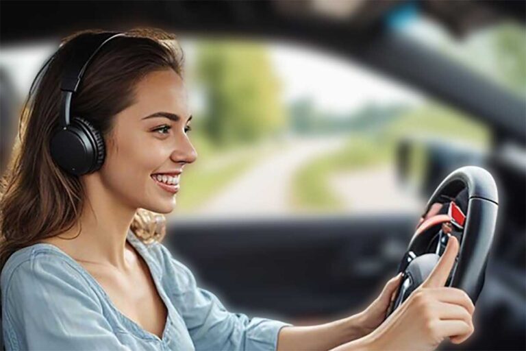 A young woman driving a car, illustrating how Georgia prohibits drivers from wearing headphones or earbuds in both ears.