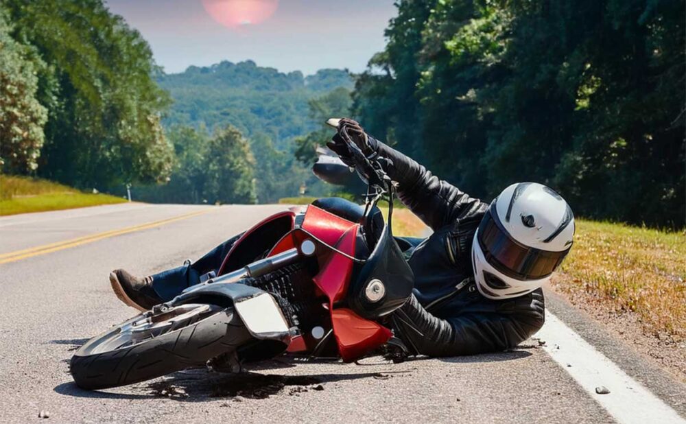 A person lies on the ground beside a motorcycle, illustrating the risks of common motorcycle accident injuries in Georgia.