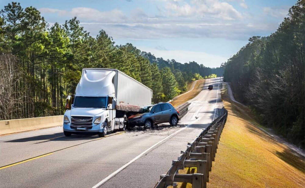 A semi truck crashes into a car, illustrating the key differences between truck accidents and other types of vehicle collisions.