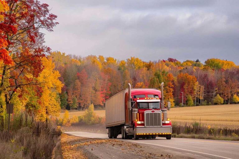 A semi truck travels along a scenic country road, surrounded by vibrant fall colors.