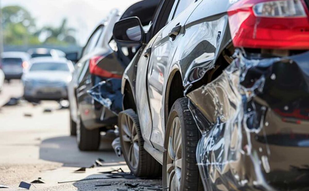 Damaged cars on the road after an accident, highlighting the complexities of proving fault in multi-vehicle collisions.