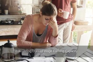 A woman looks over a stack of bills and ponders how to calculate loss of wage earning capacity from an accident.