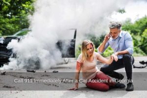 A man on a phone helps an injured woman after a crash, highlighting the need to call 911 immediately after a car accident in Georgia.