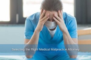 Upset male nurse in scrubs sits on a bed, highlighting the importance of selecting the right medical malpractice attorney for an injury case.