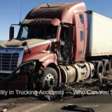 A damaged semi-truck on the road, highlighting the importance of understanding liability in trucking accidents and who can be sued for damages.