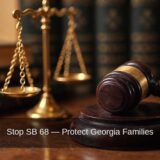 Image promoting Georgia legislators to vote NO on SB 68, highlighting the dangers of tort reform.