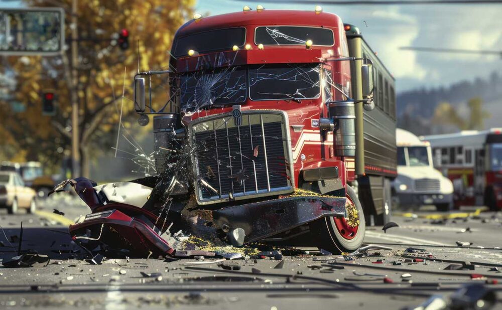A semi truck crushes a car in a dynamic scene, highlighting the complexities of filing a truck accident claim in Georgia.