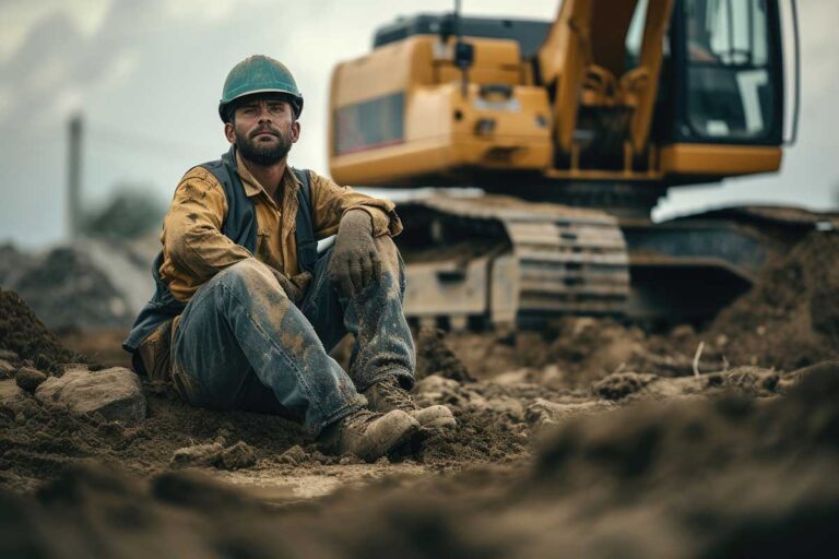 A construction worker resting in the dirt, with an excavator in the background, highlighting the need for safety measures to prevent common accidents in Georgia.