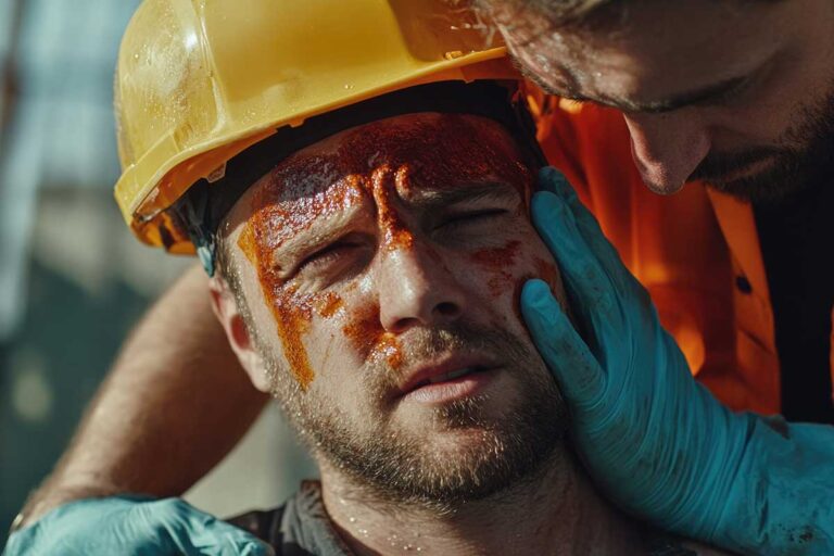 One man, bloodied on his face, is being held by another, illustrating the risks associated with construction work in Georgia.
