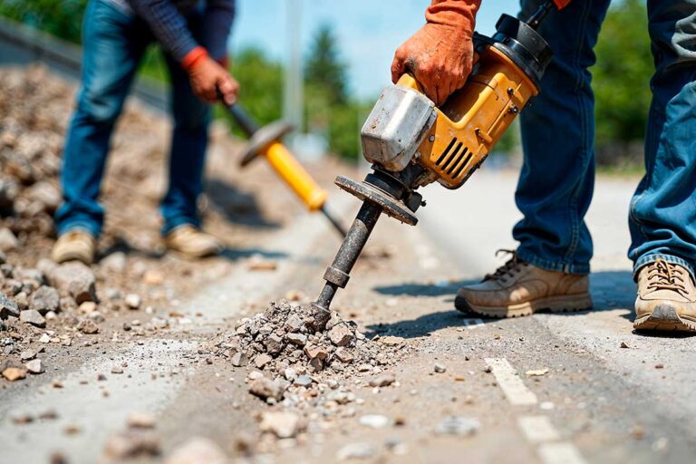 Two men using jackhammers to repair a road, highlighting the dangers of construction work in Georgia.