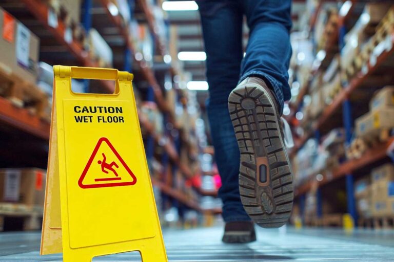 A person walks past a caution sign in a warehouse, highlighting safety concerns related to injury liability in retail stores.