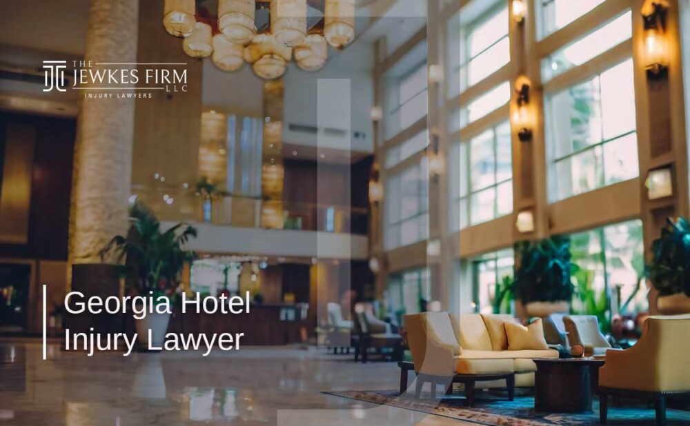 Luxury hotel lobby with elegant seating, marble floors, and grand chandeliers, symbolizing a Georgia hotel injury lawyer.