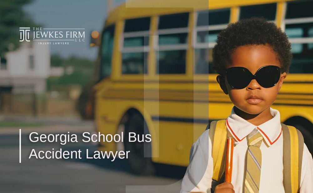 Young schoolboy wearing sunglasses standing next to a yellow school bus.