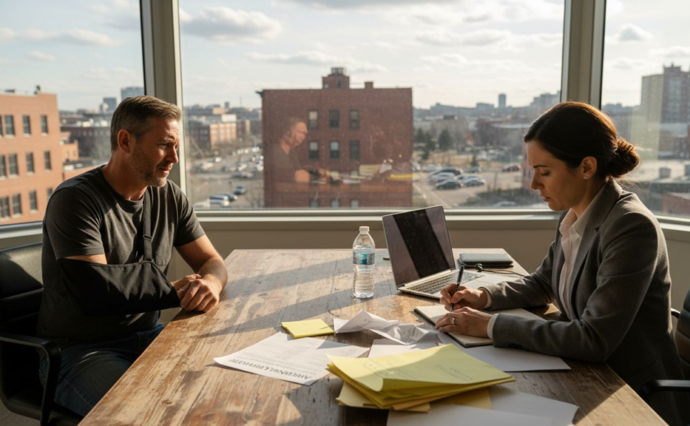 Accident victim consulting lawyer in real office