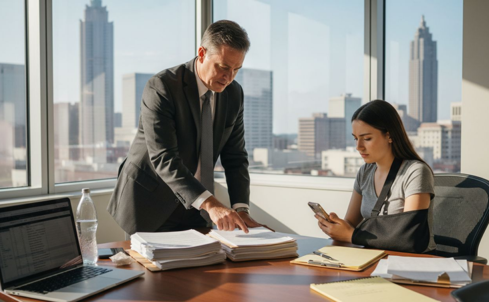 Personal injury lawyer consulting injured client