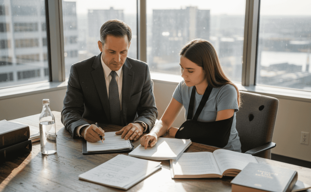 Lawyer and client discuss injury case