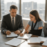 Lawyer and client discuss injury case