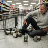 Man sitting on grocery store floor after slip and fall