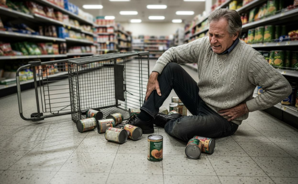 Man sitting on grocery store floor after slip and fall