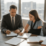 Lawyer and client discuss injury case