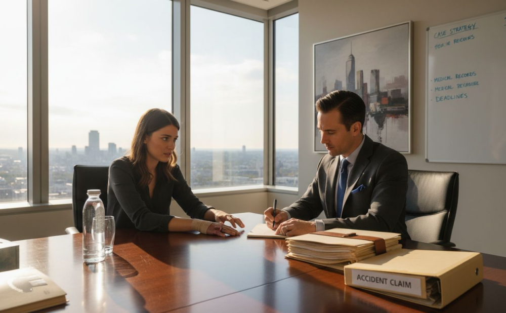 Attorney advising accident victim in bright office