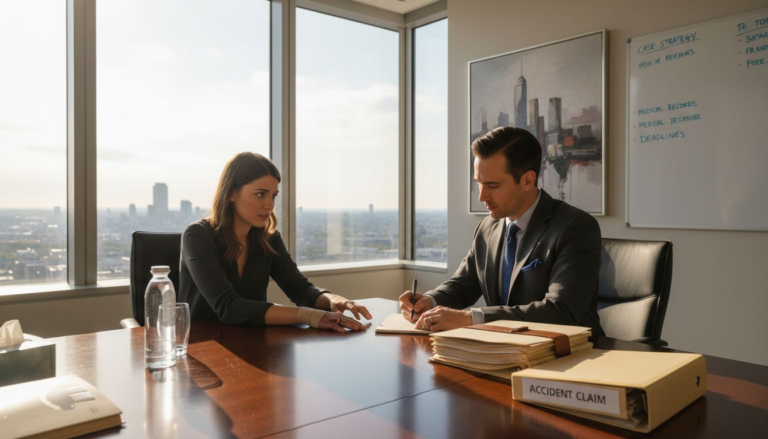 Attorney advising accident victim in bright office