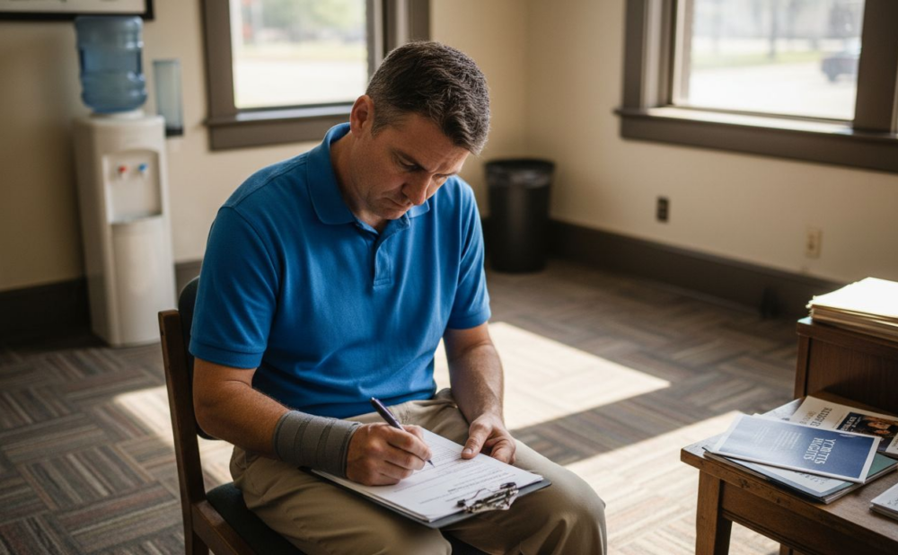 Man filling out injury claim in Atlanta law office