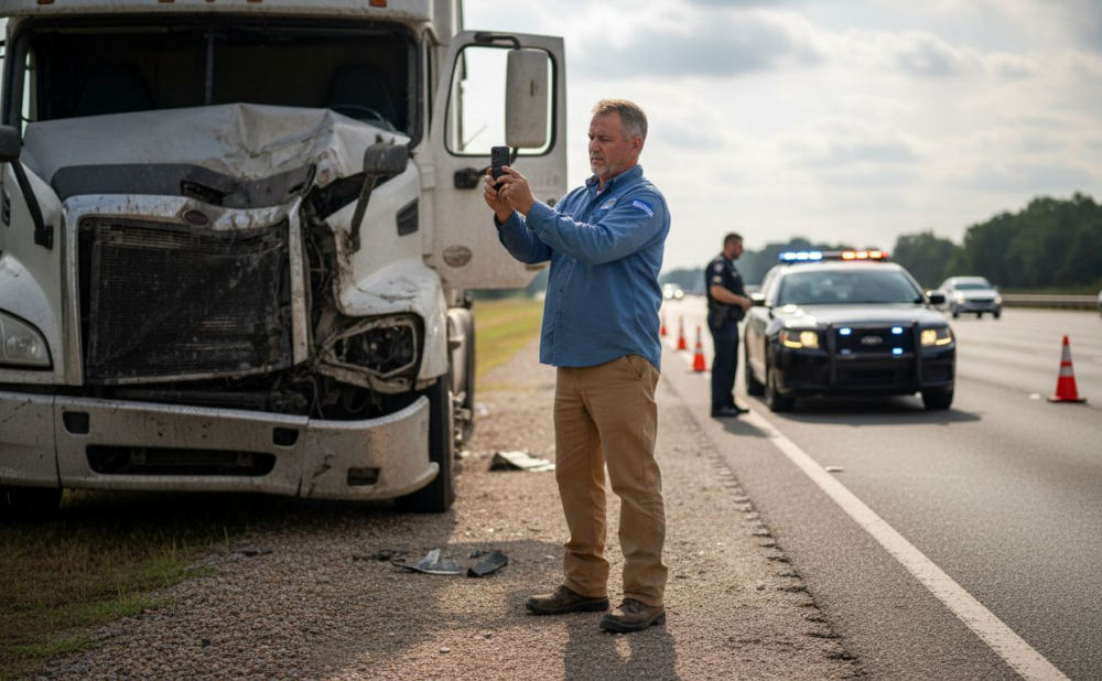 Driver documenting truck accident on Atlanta highway