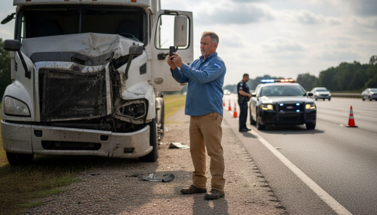 Driver documenting truck accident on Atlanta highway