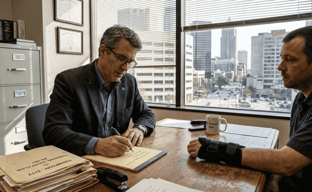 Attorney consulting injured client in small office