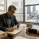 Attorney consulting injured client in small office