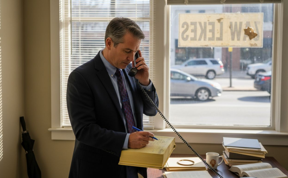 Attorney talking on phone in Atlanta law office