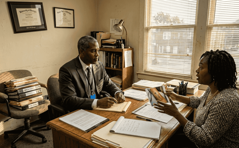 Lawyer consulting with injured client in office