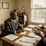 Lawyer consulting with injured client in office