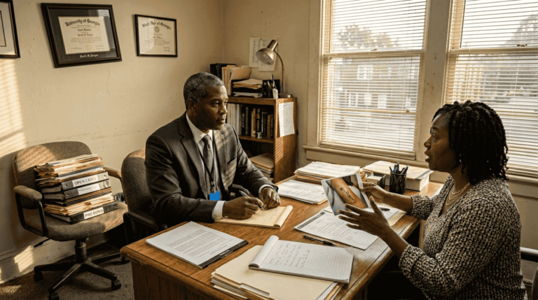 Lawyer consulting with injured client in office