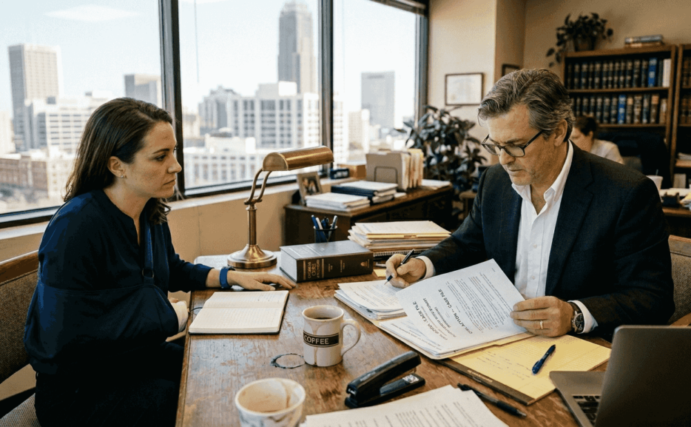 Attorney consulting with injured client in office