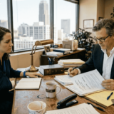 Attorney consulting with injured client in office