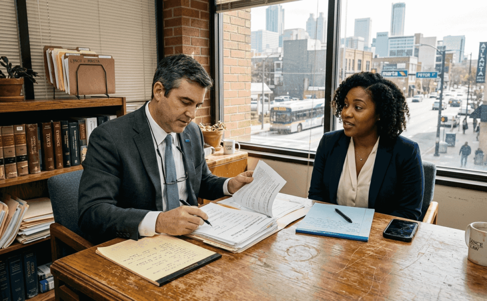Attorney consulting injured client in office South Atlanta