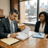 Attorney consulting injured client in office South Atlanta