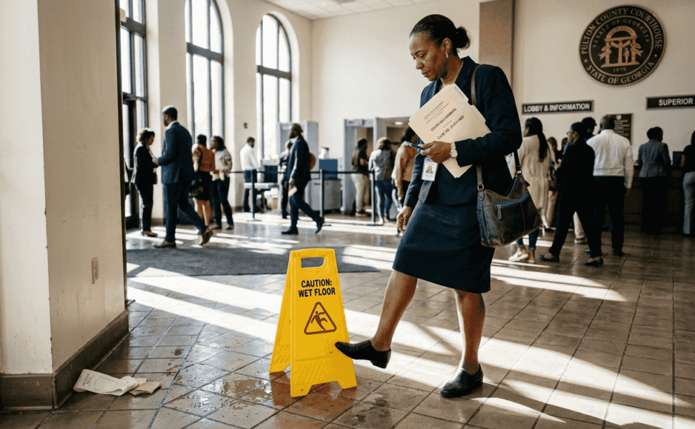 Woman avoiding slip hazard in courthouse