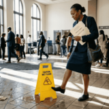 Woman avoiding slip hazard in courthouse